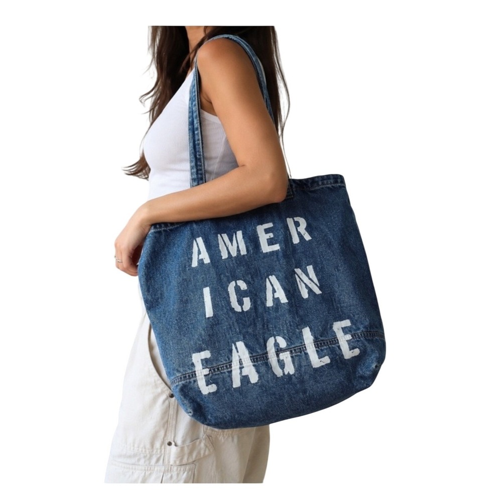 American Eagle Y2K Denim Tote Bag Blue Cotton Stencil Logo Large Shoulder Bag